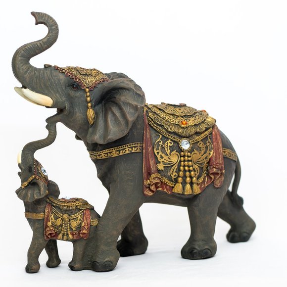 Dalax-Mama and Baby Elephants Statue Figurines Home Decor Trunk Facing Upwards - Picture 5 of 7